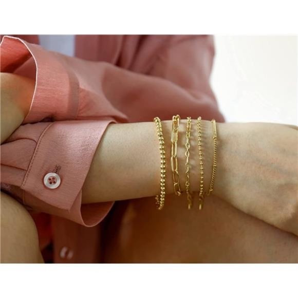 Gold Chain Bracelet Sets Women 14K Gold Plated Dainty Link Paperclip Bracelets - Picture 5 of 6